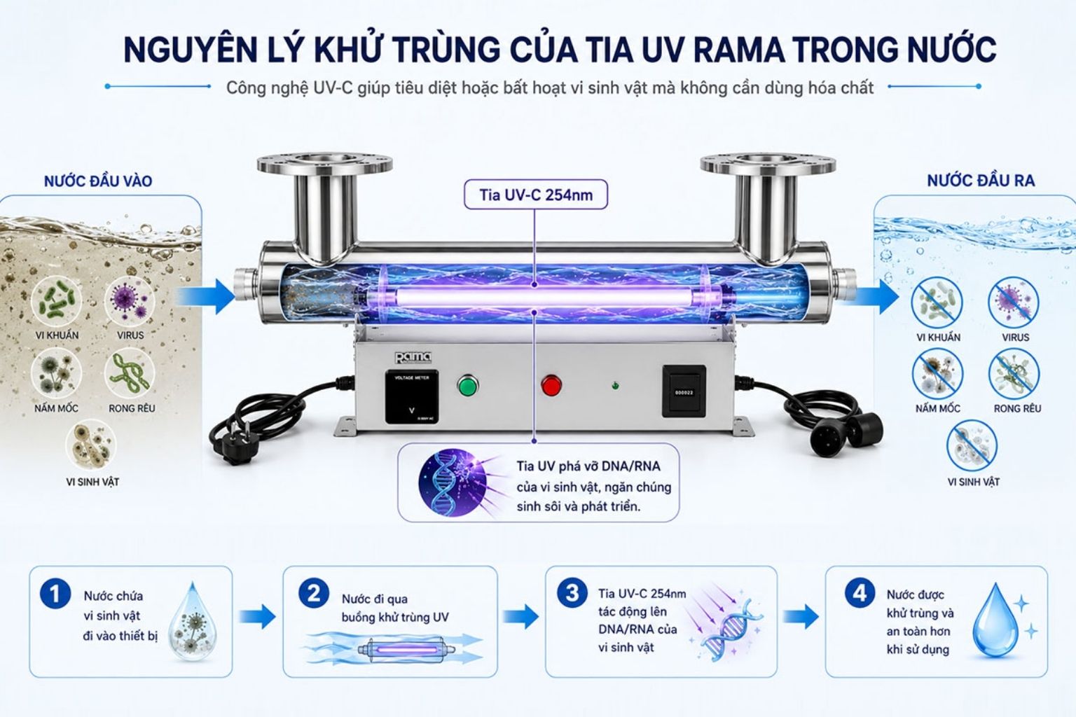 Tia UV tác động đến vi sinh vật trong nước như thế nào?